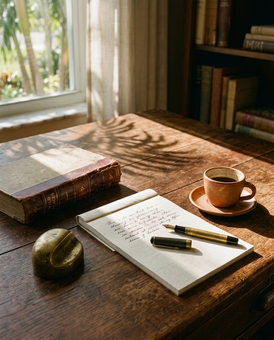 A wooden desk corner in a sun-warmed South Florida office: vintage book, fountain pen on a creamy notepad, brass paperweight, terracotta espresso cup, palm-frond shadow on the desk.