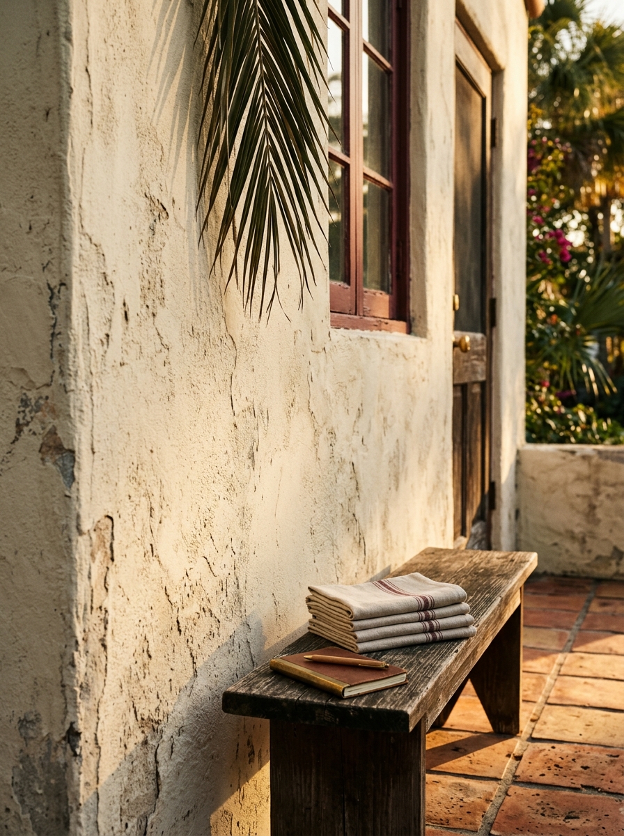 A South Florida exterior detail at golden hour: weathered cream stucco wall with palm-frond shadow, wooden bench with a stack of folded linen napkins and a brass-rimmed notebook.