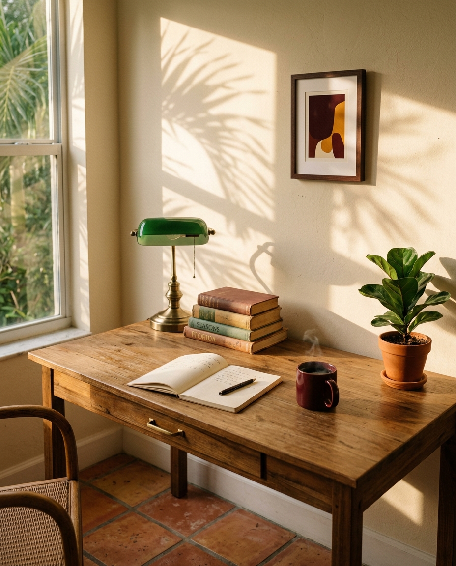 A sun-warmed South Florida home office at golden hour: wooden desk, vintage Florida books, brass desk lamp, terracotta planter, cream stucco wall with a soft palm-frond shadow.